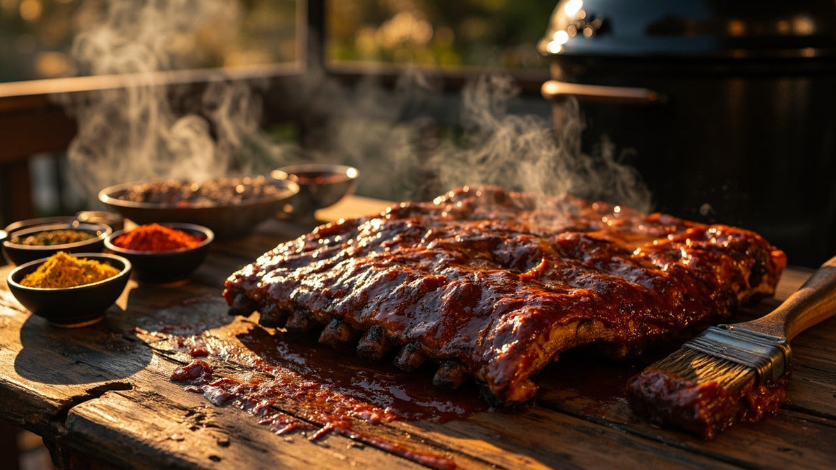 sizzling ribs with sauce and seasonings on rustic table, smoky background